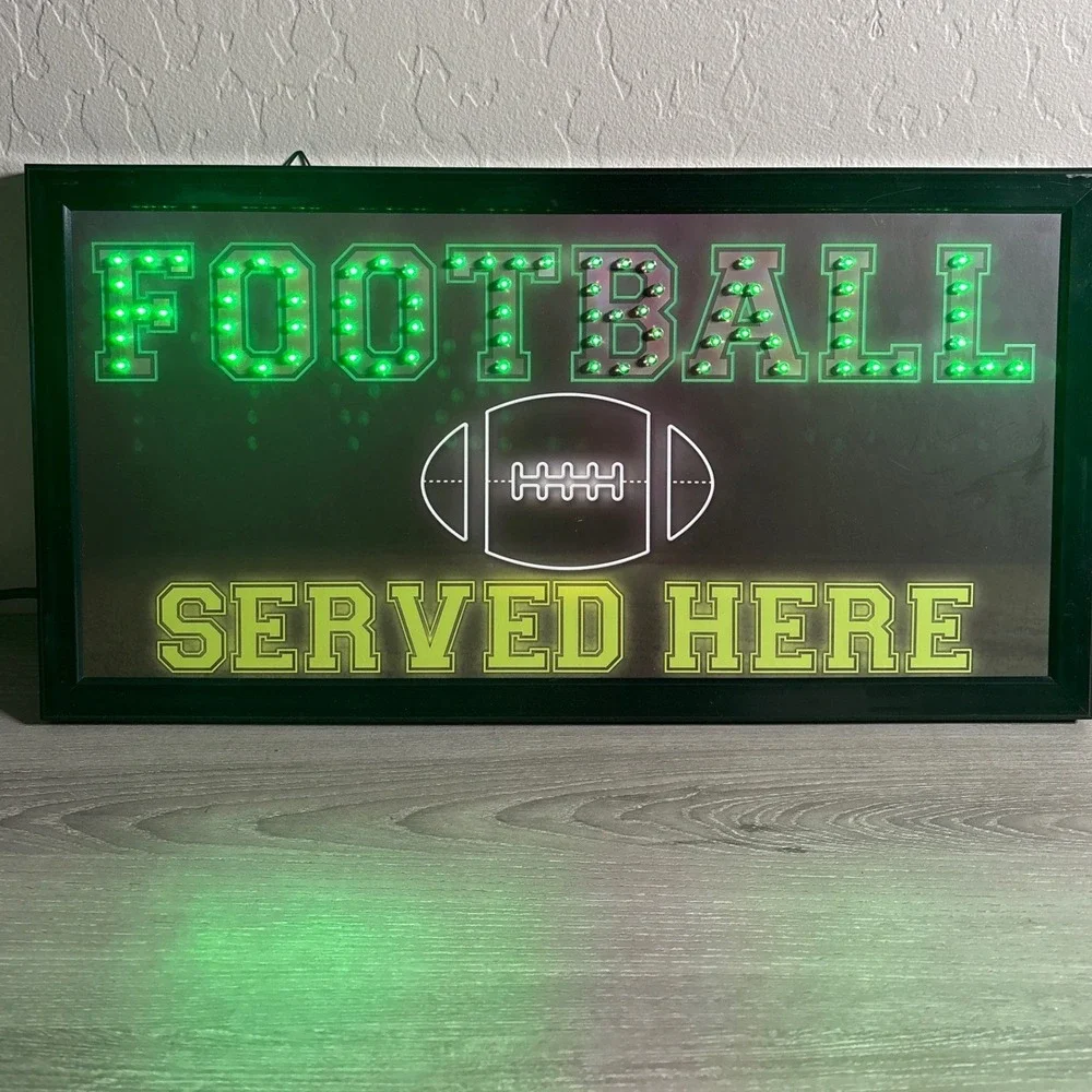Football Served Here LED Light Sign Green Sports Bar Man Cave Wall Decor 19x10